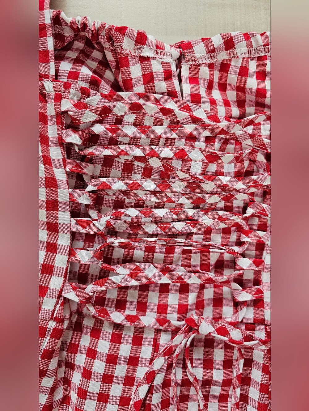 New Gingham Lace Up Back A Line Midi Dress PLUS Red White - Picture 13 of 14